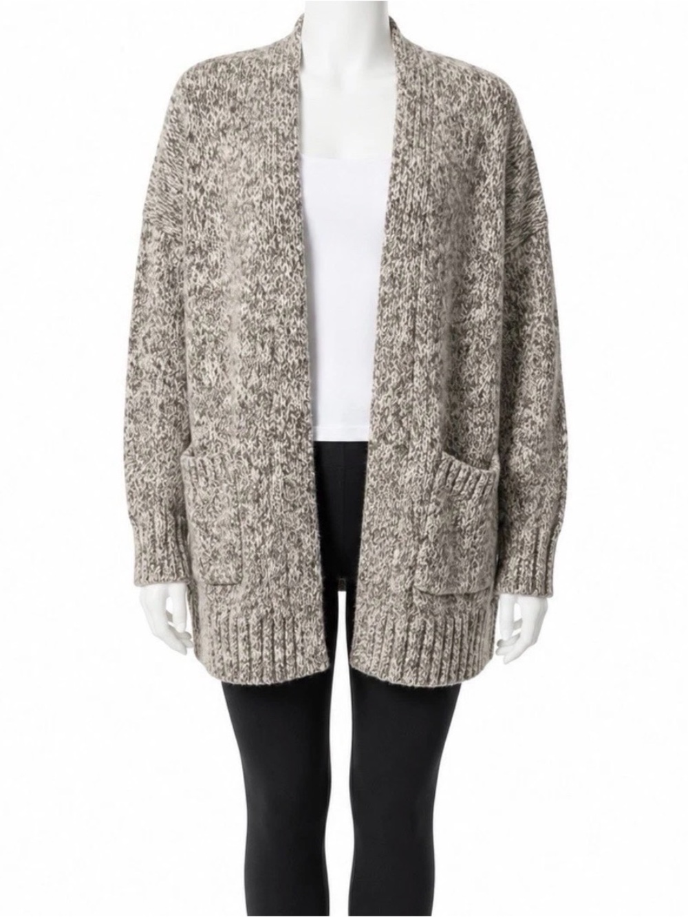LOFT Marled Open Front Cardigan XS Taupe Gray Knit Pocket Sweater